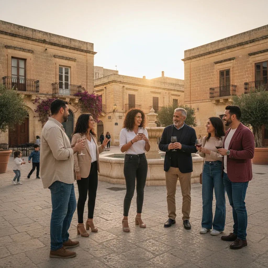 Diverse community members connecting in Malta village square setting
