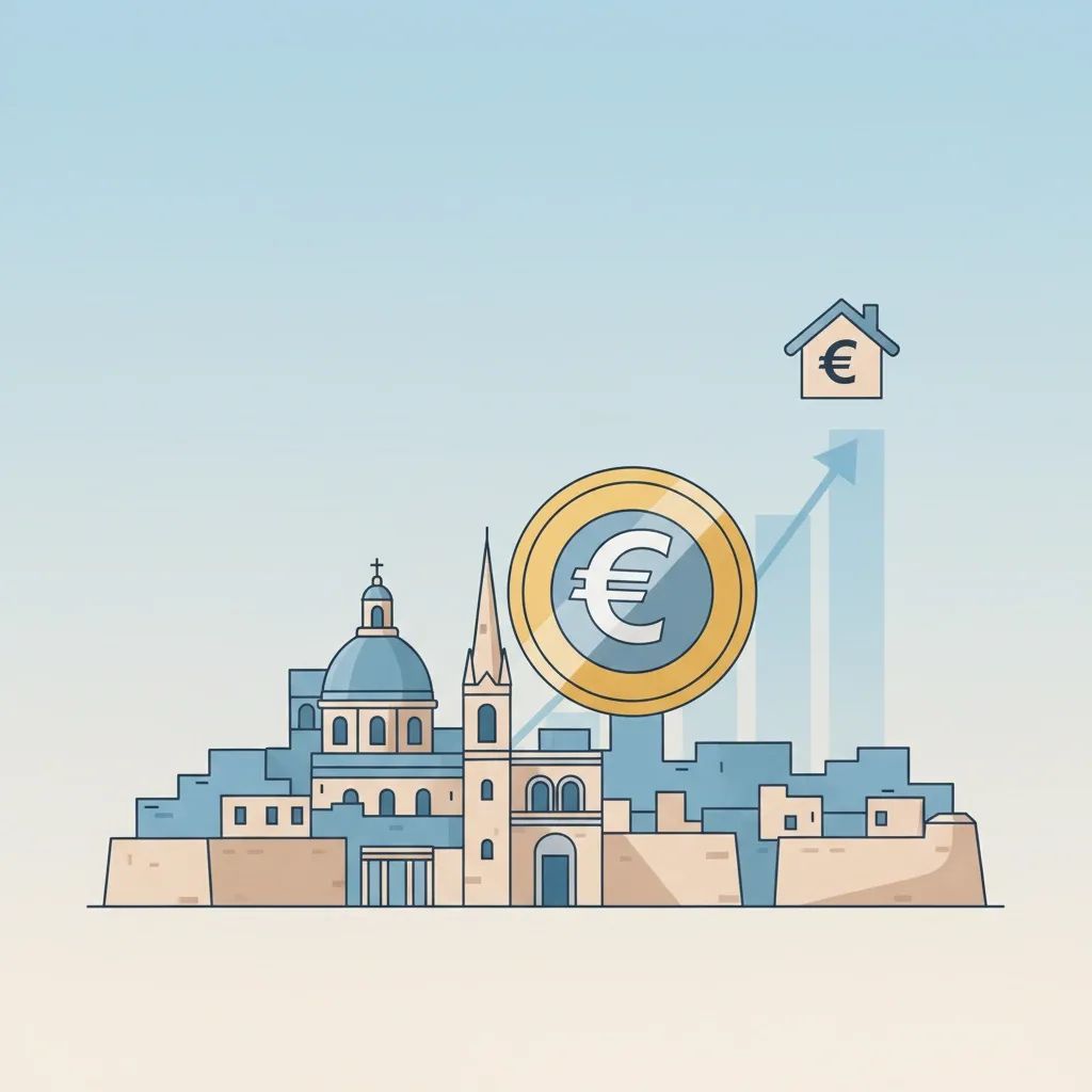 Stylised Valletta skyline with euro coin and house icon depicting Malta's widening rent and wage gap