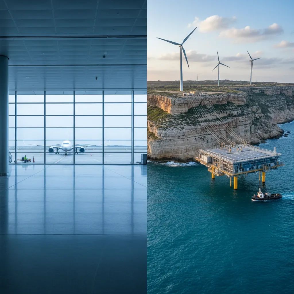 Airport terminal with grounded planes and Malta coastal energy infrastructure representing evacuation challenges and energy crisis concerns