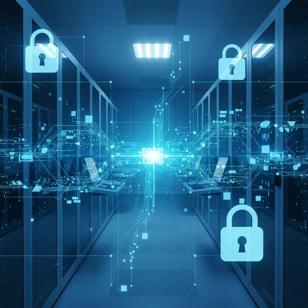 Secure server room with digital security indicators and padlock symbols representing cybersecurity breach
