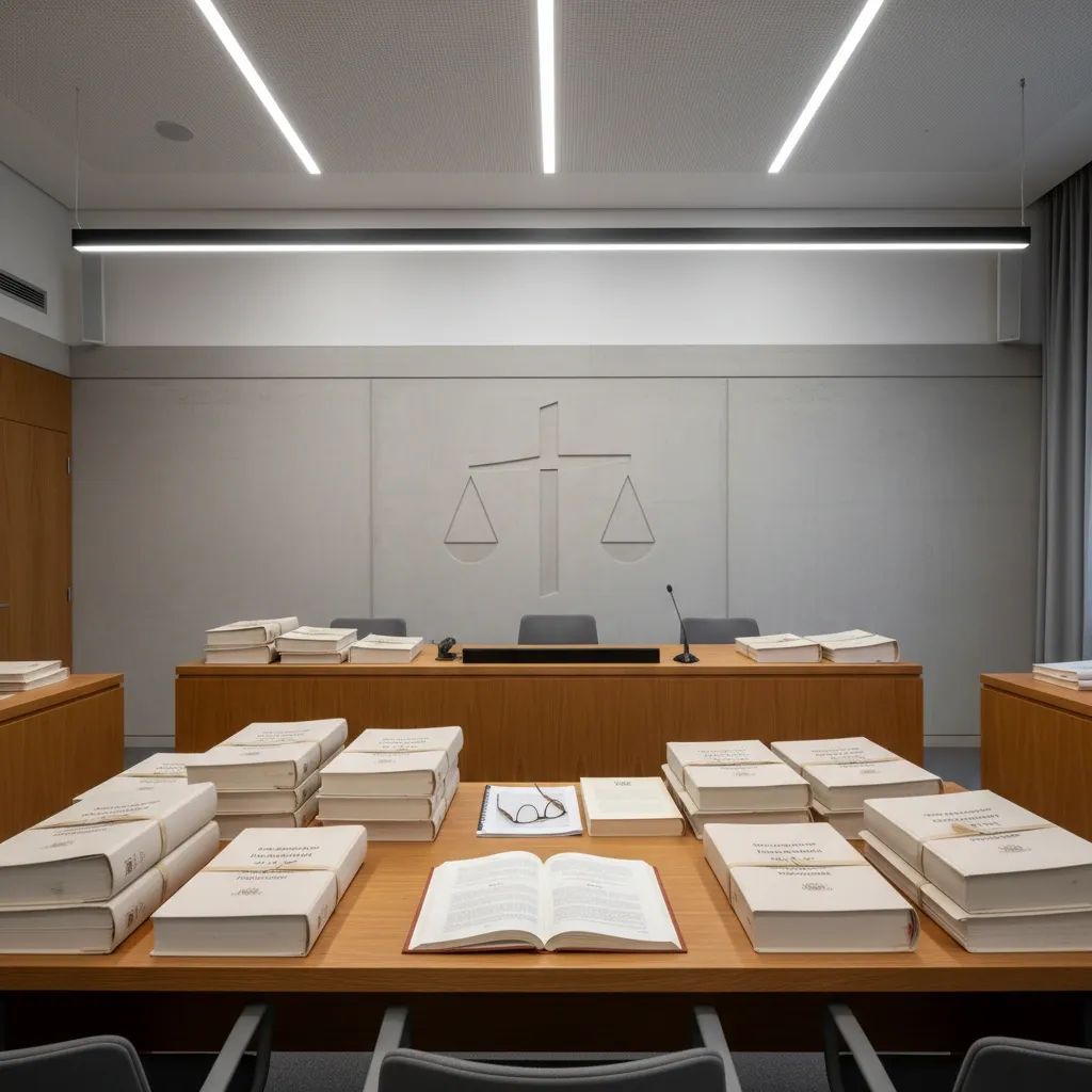 Courtroom documents and legal files representing criminal conviction and travel ban case