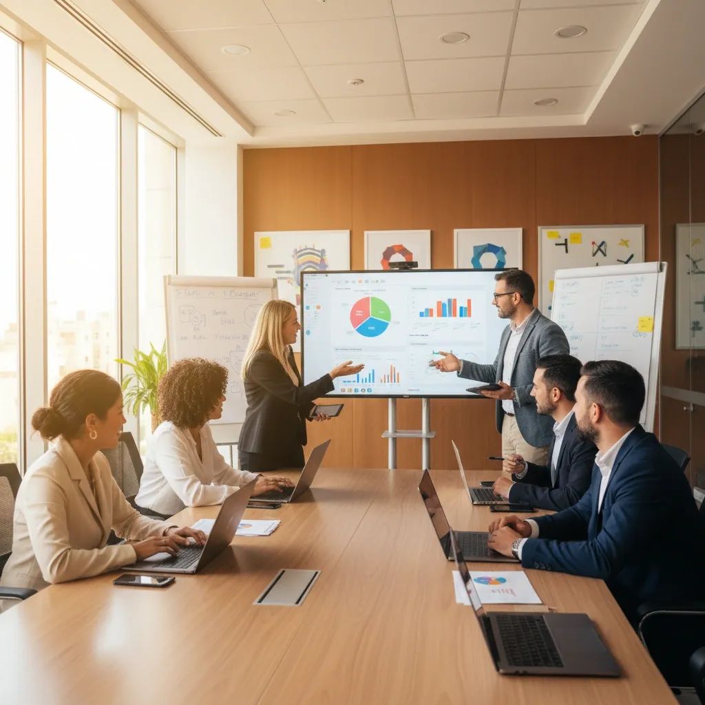 Diverse professionals in a modern training classroom, representing EU employment and skills development programs