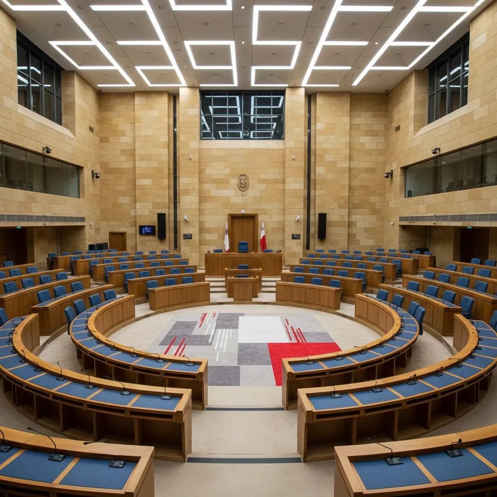 Interior view of Malta Parliament chamber with benches and formal institutional setting