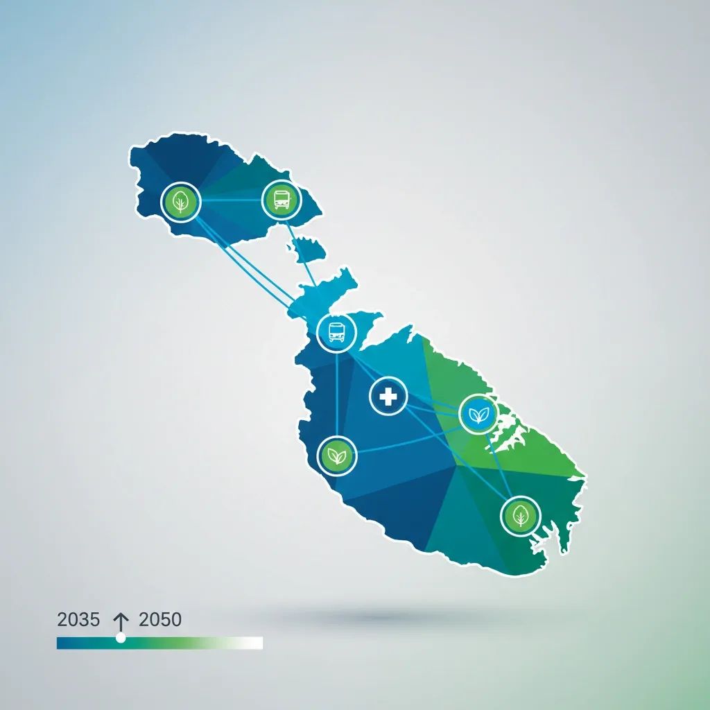 Malta development roadmap visualization showing Vision 2050 strategy priorities including transport, healthcare, and environmental initiatives