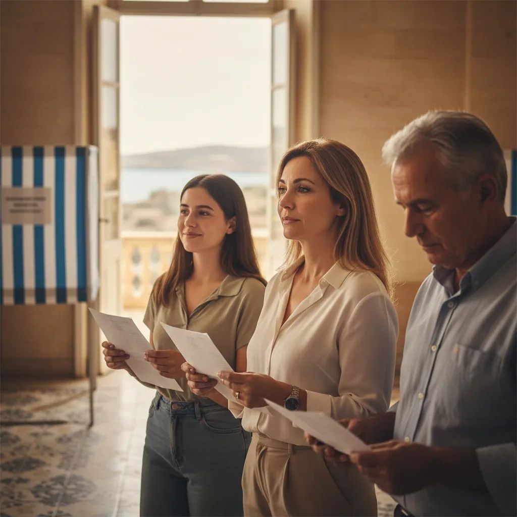 Diverse Malta voters holding voting papers at a polling station during election day