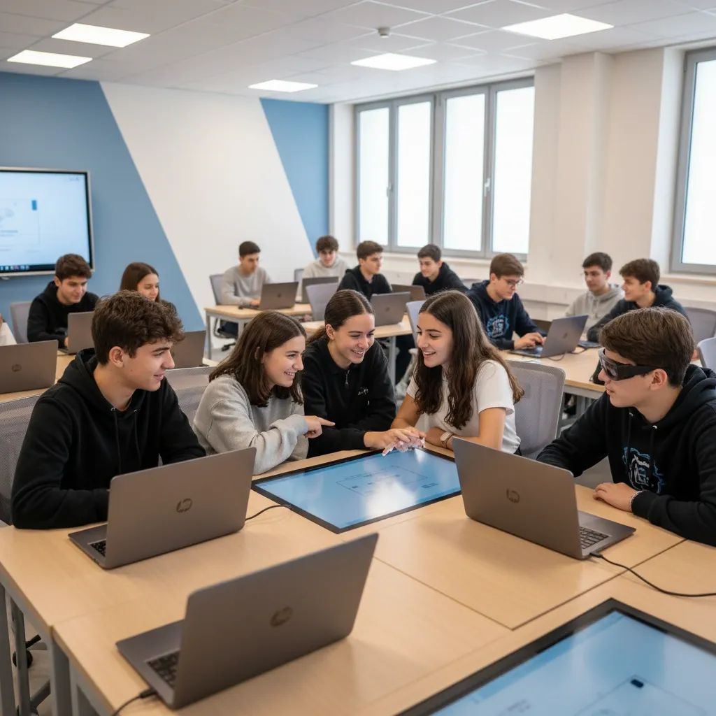 Students using laptops in a modern Malta classroom with interactive digital learning tools