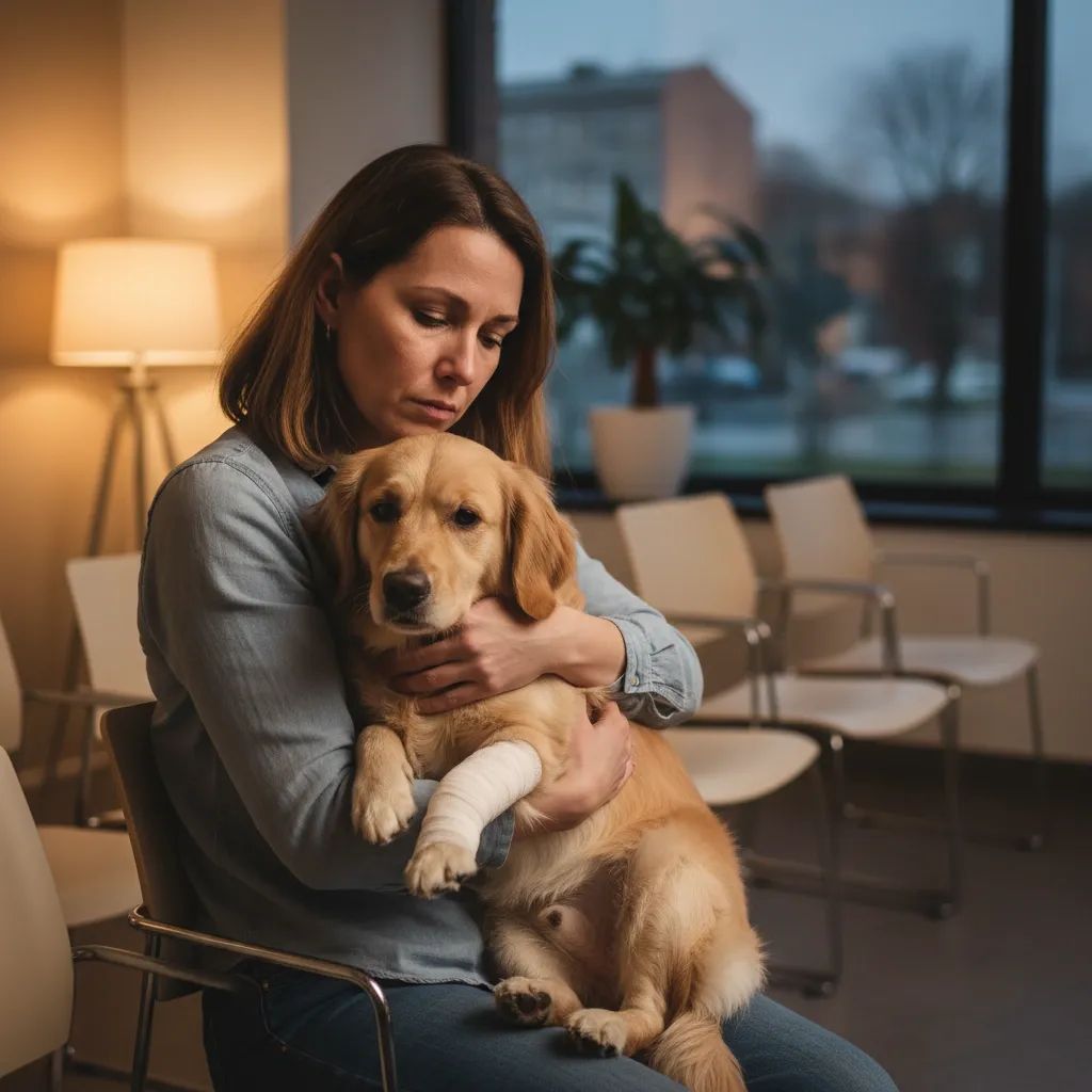 Pet owner cradling injured dog inside empty veterinary clinic waiting room
