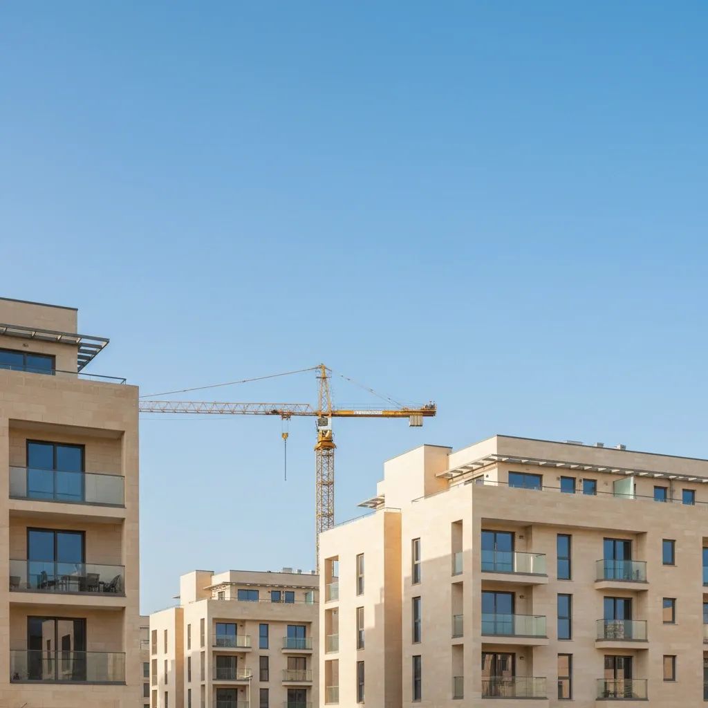 Modern Maltese apartment blocks with a construction crane, reflecting the island’s housing market dynamics