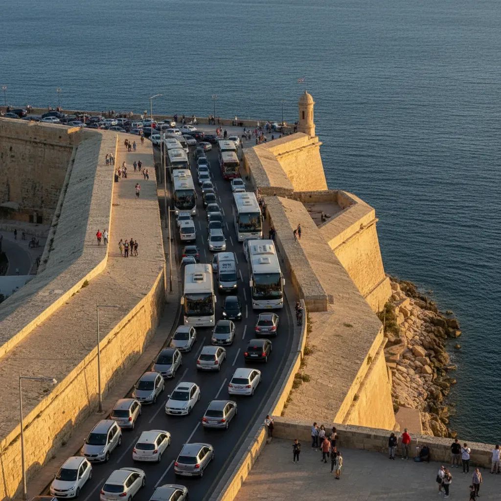 Wide-angle view of congested Maltese coastal road lined with tourist buses, showing pressure from record arrivals