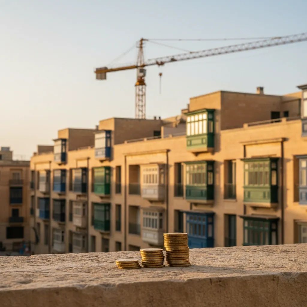 Row of modern Maltese apartment buildings with euro coins in foreground symbolising rising mortgage costs