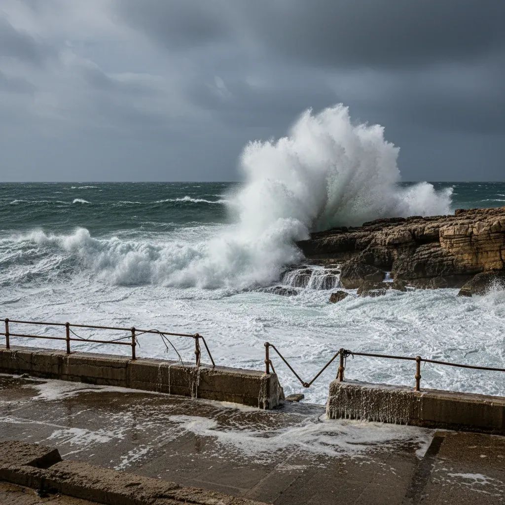 Rough winter seas crashing against protective barriers at a Maltese coastal viewing area during stormy weather