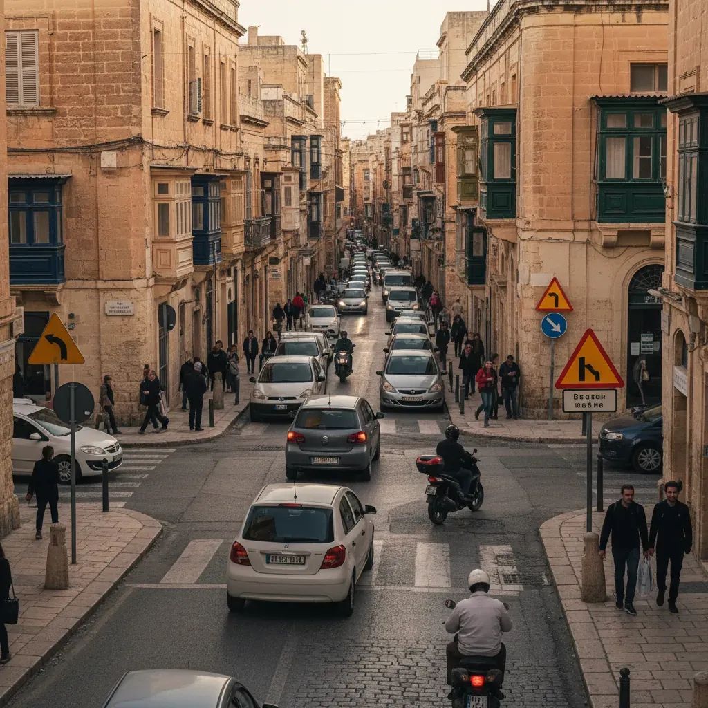 Malta urban traffic scene showing busy intersection with multiple vehicles and pedestrians navigating narrow streets