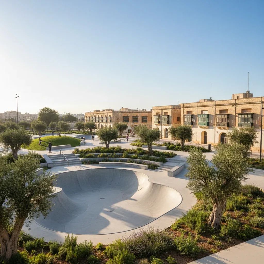 Modern park with skatepark ramps surrounded by Mediterranean vegetation and tree-shaded areas in Paola, Malta