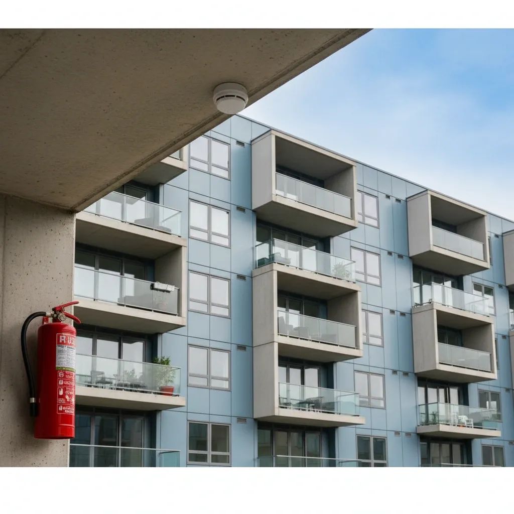 Modern residential apartment building with visible balconies and fire safety equipment in foreground