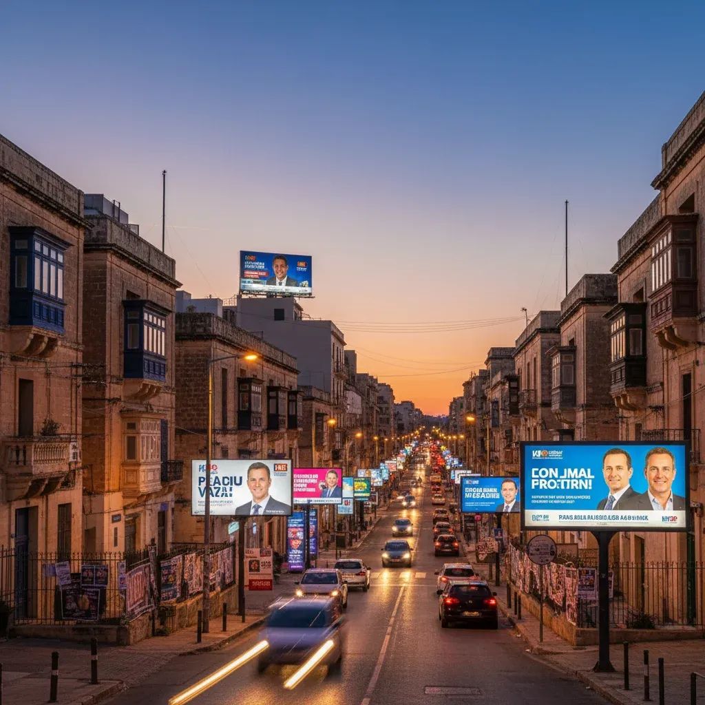 Multiple billboards lining a Malta roadside showing political advertising and commercial signs