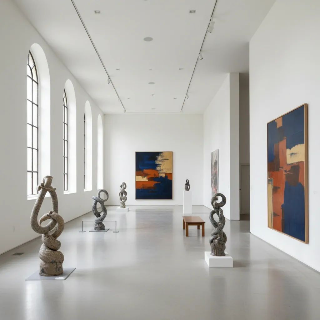 Contemporary art gallery interior with ceramic sculptures and abstract paintings displayed in seminary chapel space