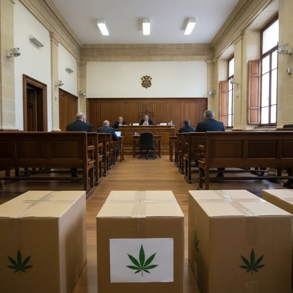 Sealed evidence boxes with cannabis symbols inside a Maltese courtroom awaiting sentencing