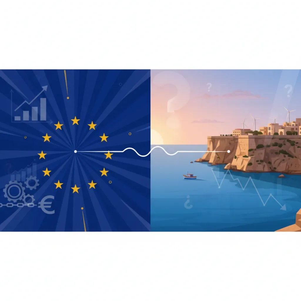 Illustration contrasting Malta's EU support with domestic media trust concerns