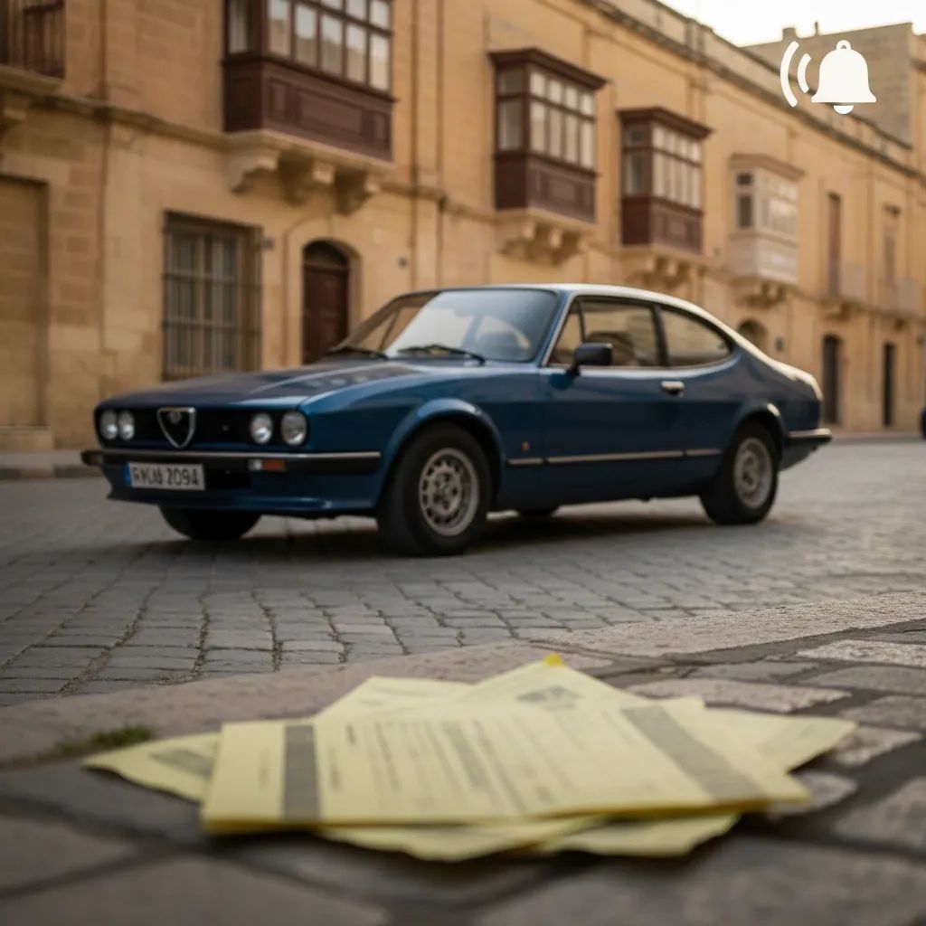Vintage classic car with regulatory certification documents, representing Malta's frozen vehicle classification system