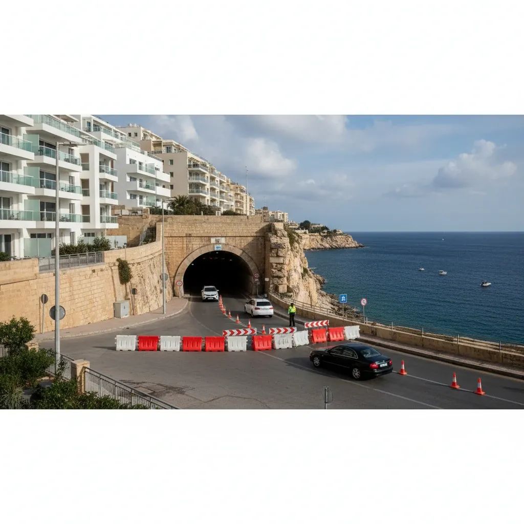 Barricaded Sliema tunnel entrance with traffic cones diverting cars along the coastal road