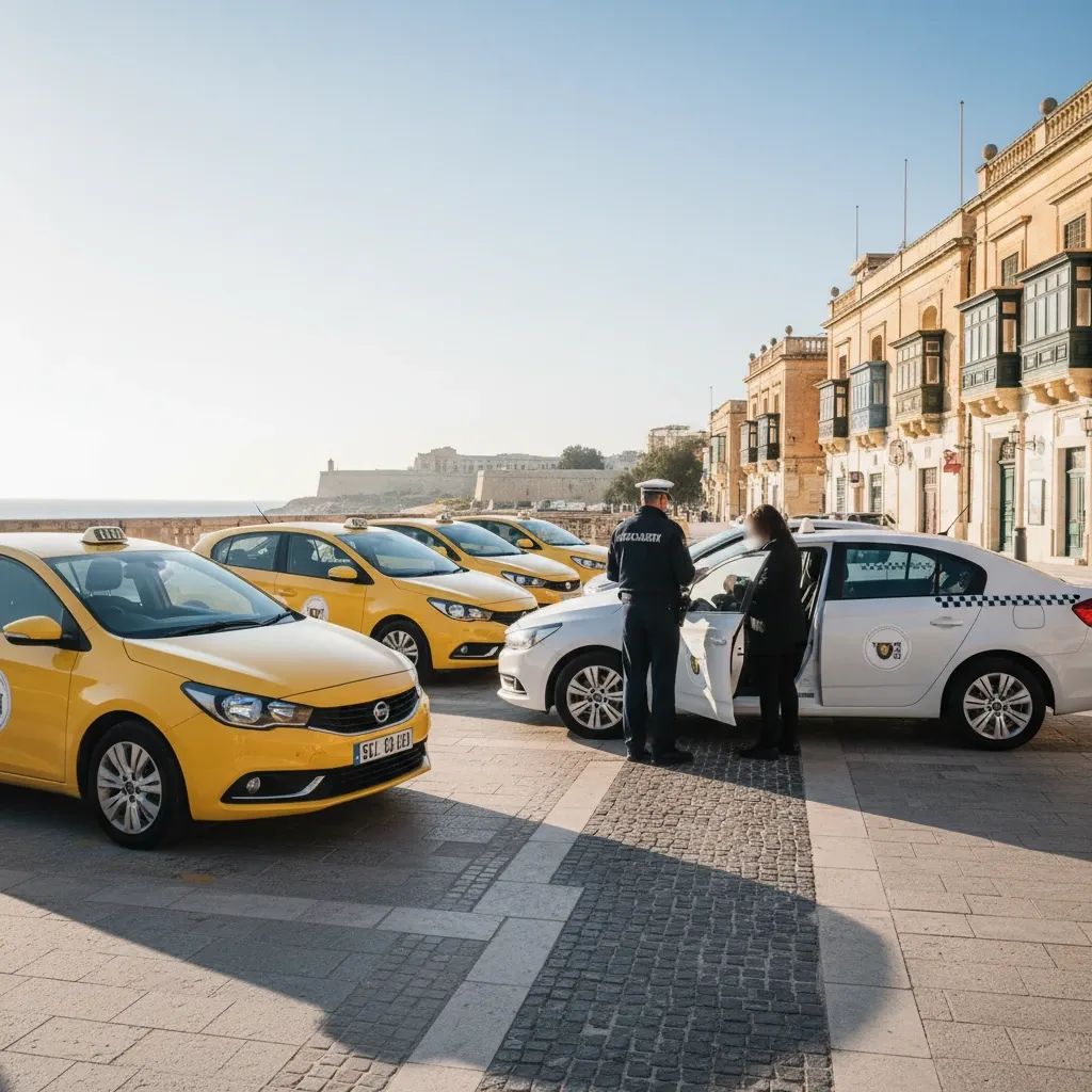 Taxi stand in Valletta with multiple Y-plate vehicles and regulatory enforcement context