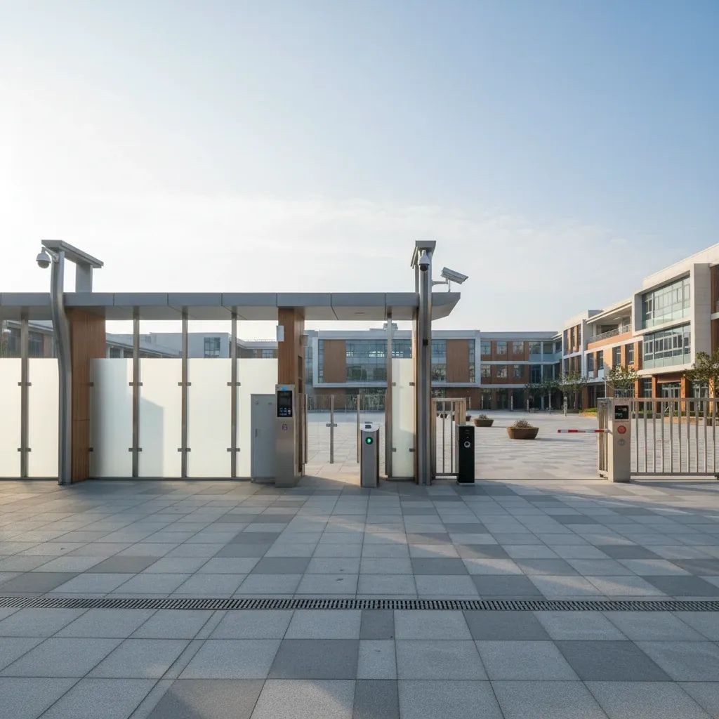 Modern school entrance gate during morning hours, representing institutional security at Malta educational facilities