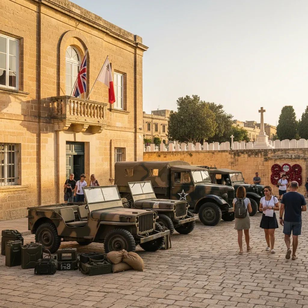 Historic Mtarfa village square with vintage military vehicles, cemetery graves, and visitors exploring WWII heritage event