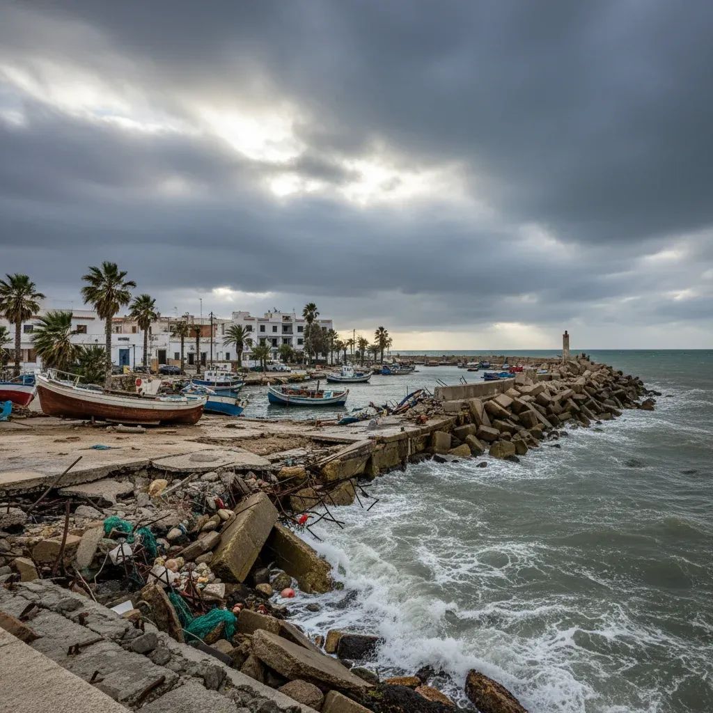 Devastated harbor showing damaged fishing boats, destroyed seawall, and storm debris along Mediterranean coastline