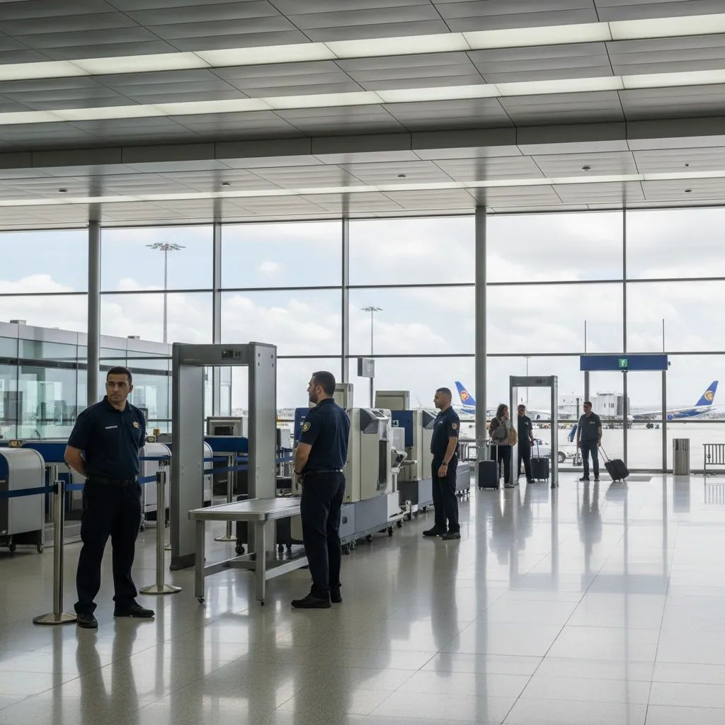 Airport security checkpoint with modern scanning technology at Malta International Airport