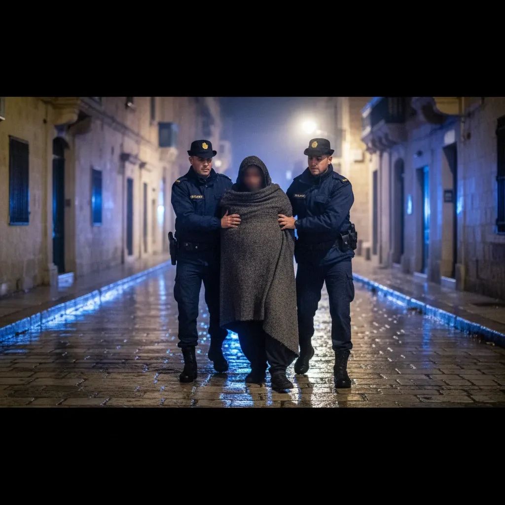 Nighttime St Paul’s Bay street with Malta police arresting a suspect under flashing blue lights