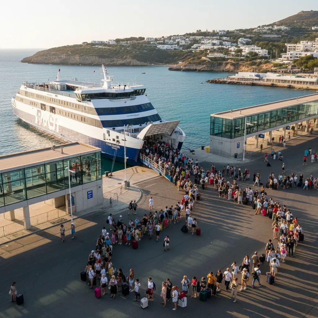 Passengers boarding a modern ferry at a busy Mediterranean terminal
