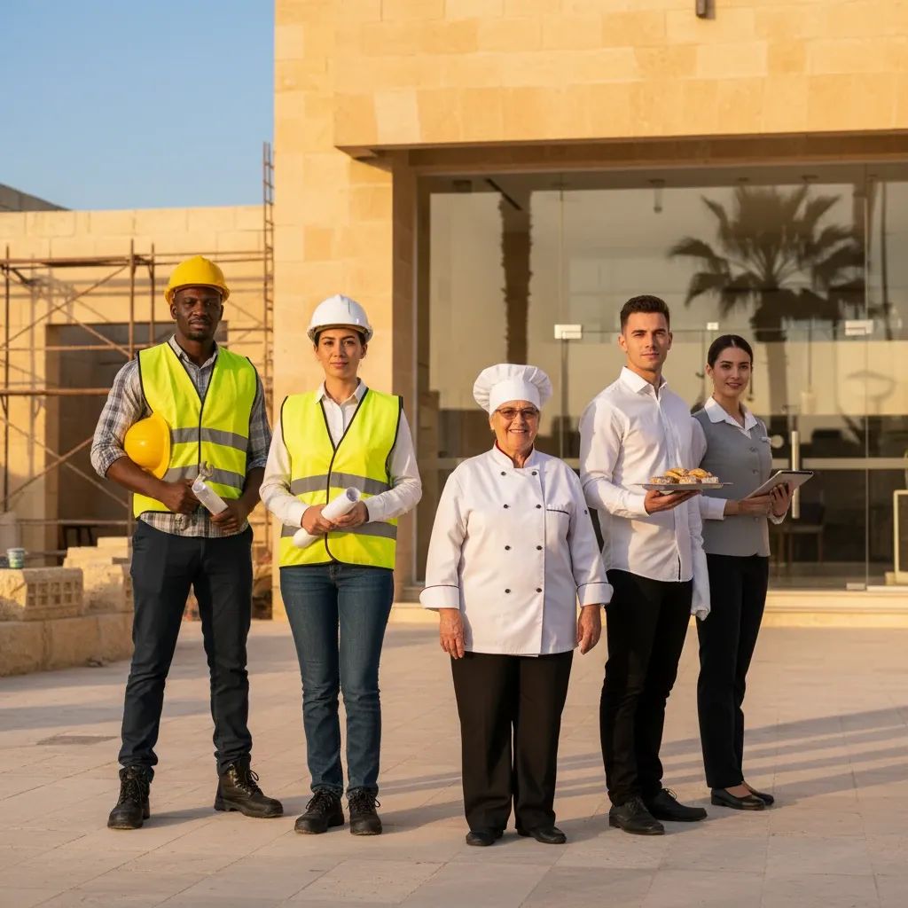 Diverse workers representing construction, hospitality, and healthcare sectors in Malta, illustrating employment sectors with wage gaps