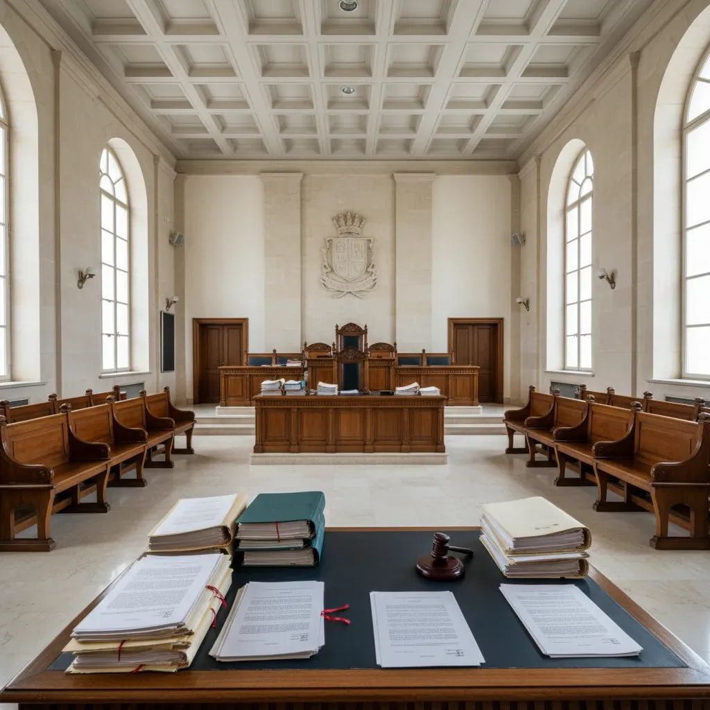 Empty courthouse chamber with judicial bench and legal documents symbolizing vacant Chief Justice post