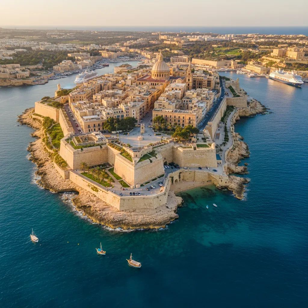 Aerial view of Manoel Island with Fort Manoel and green public spaces overlooking Malta's coast
