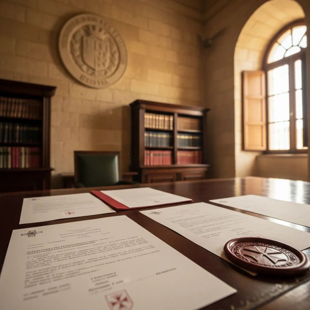 Malta government administrative office with official compensation documents and regulatory materials