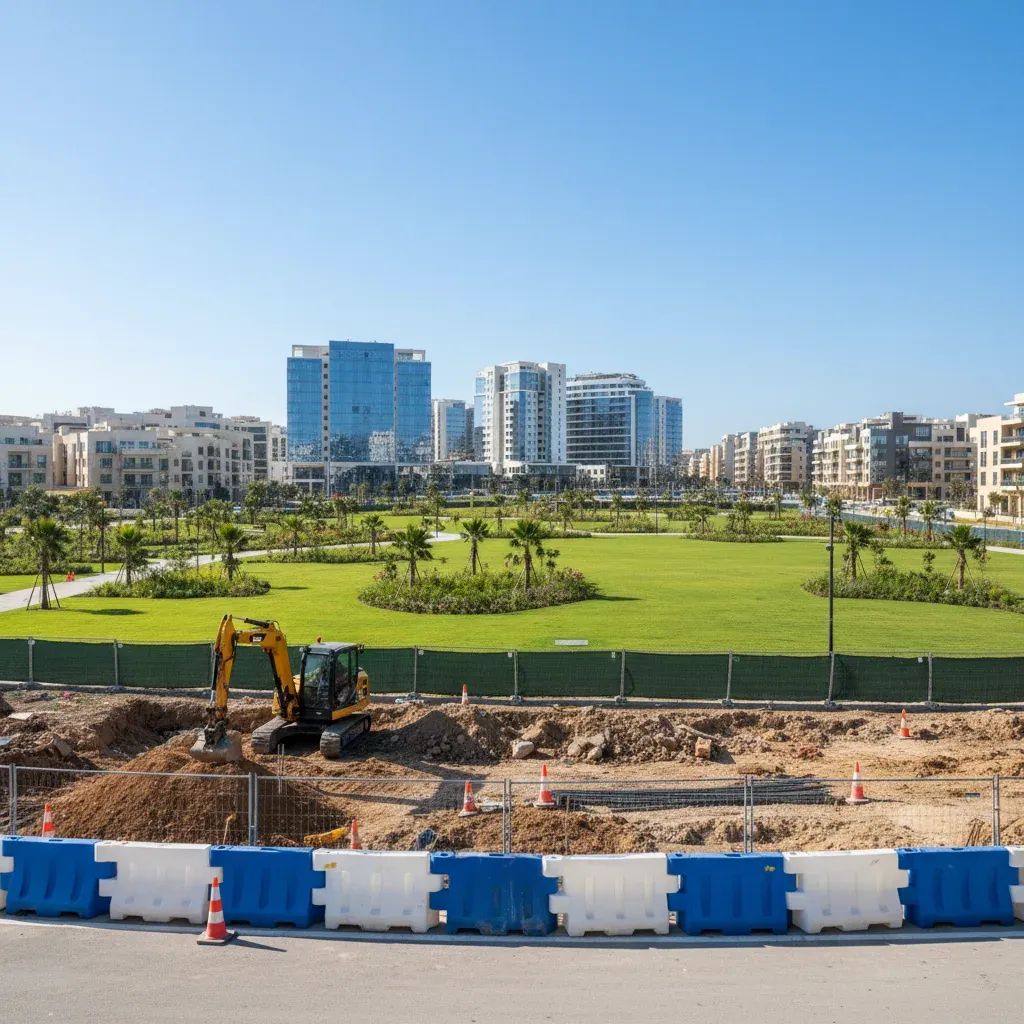 Vacant urban site in Malta with construction barriers and city landscape, representing delayed park development project