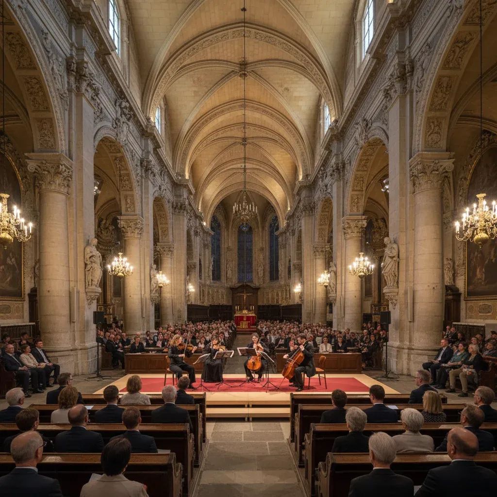 Musicians performing in a historic cathedral with stone vaulted ceiling during a classical concert