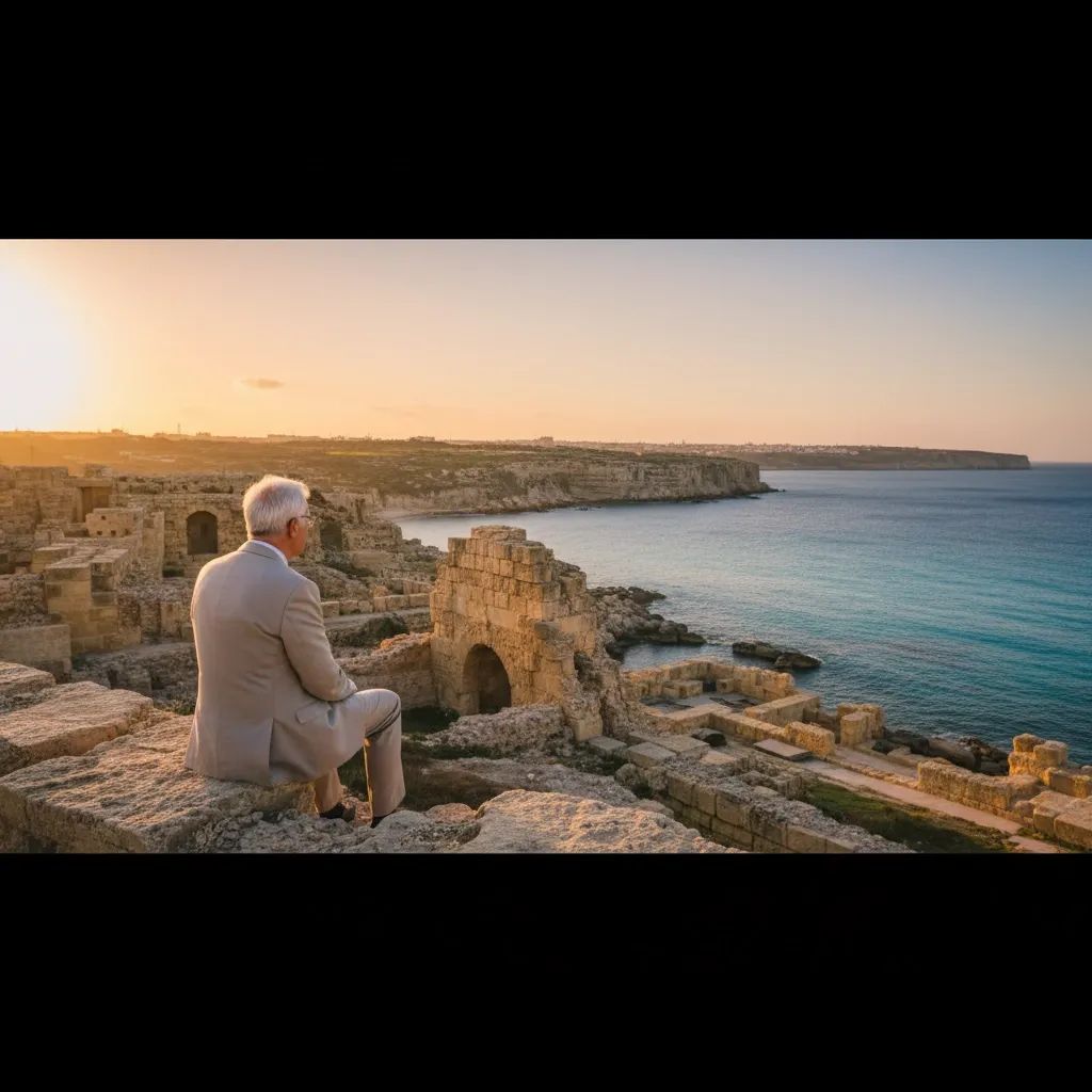 Elderly centenarian reflecting on Malta's wartime heritage and historic ruins