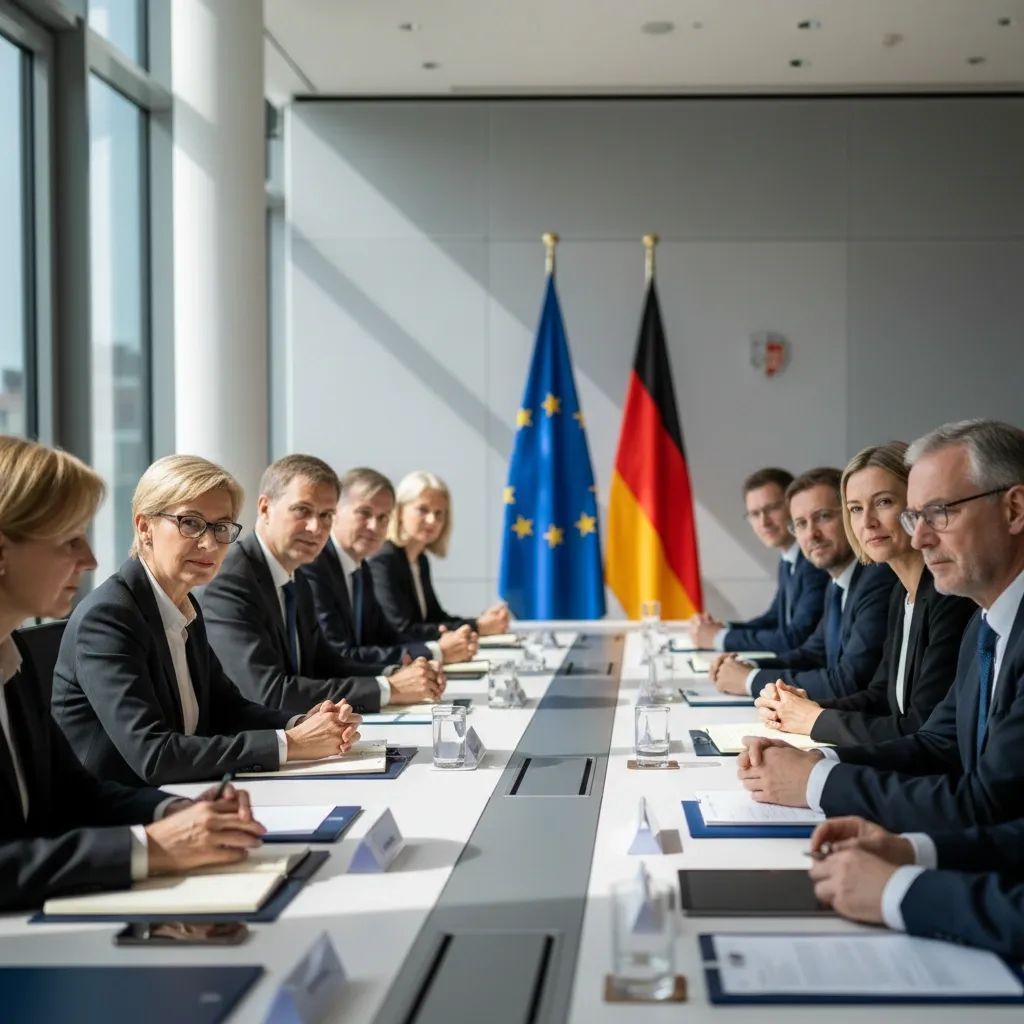 EU officials and German Chancellor discussing competitiveness reforms at Brussels summit meeting