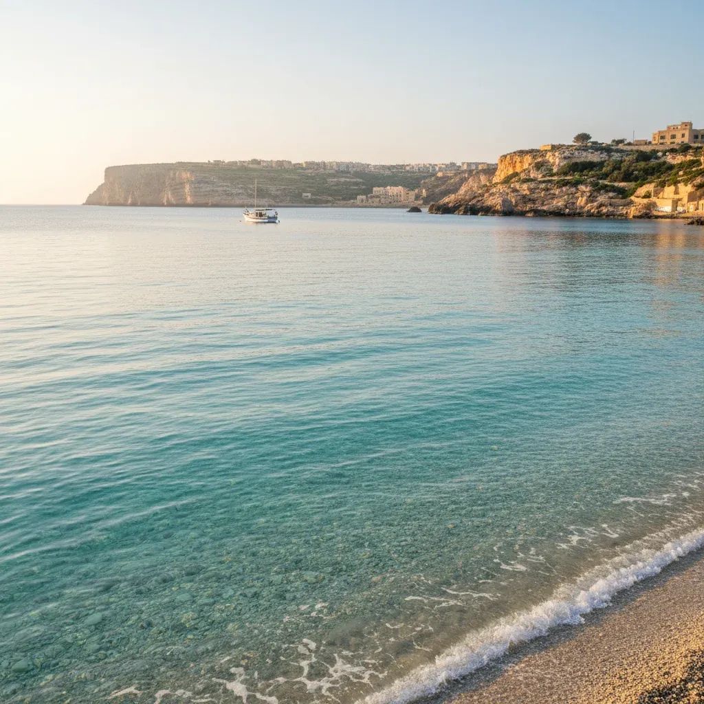 Clear Mediterranean waters off Comino after wreck removal, Maltese coastal shoreline visible in background