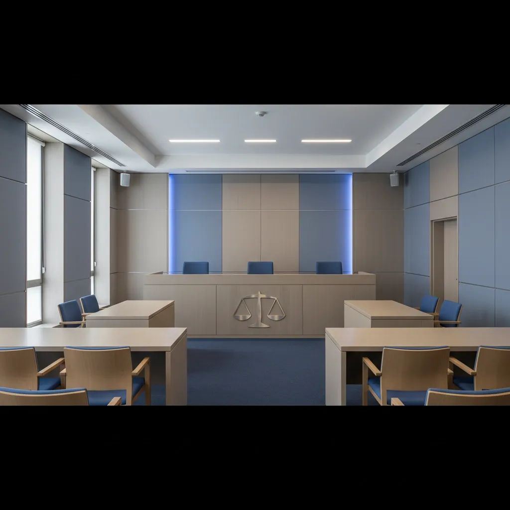 Interior view of a Malta courtroom with judge's bench and scales of justice symbolizing legal proceedings