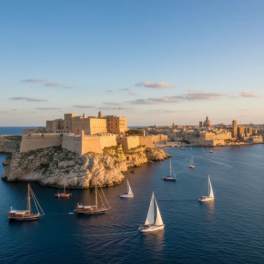 Medieval stone fort overlooking Malta harbor with traditional boats racing on the water below