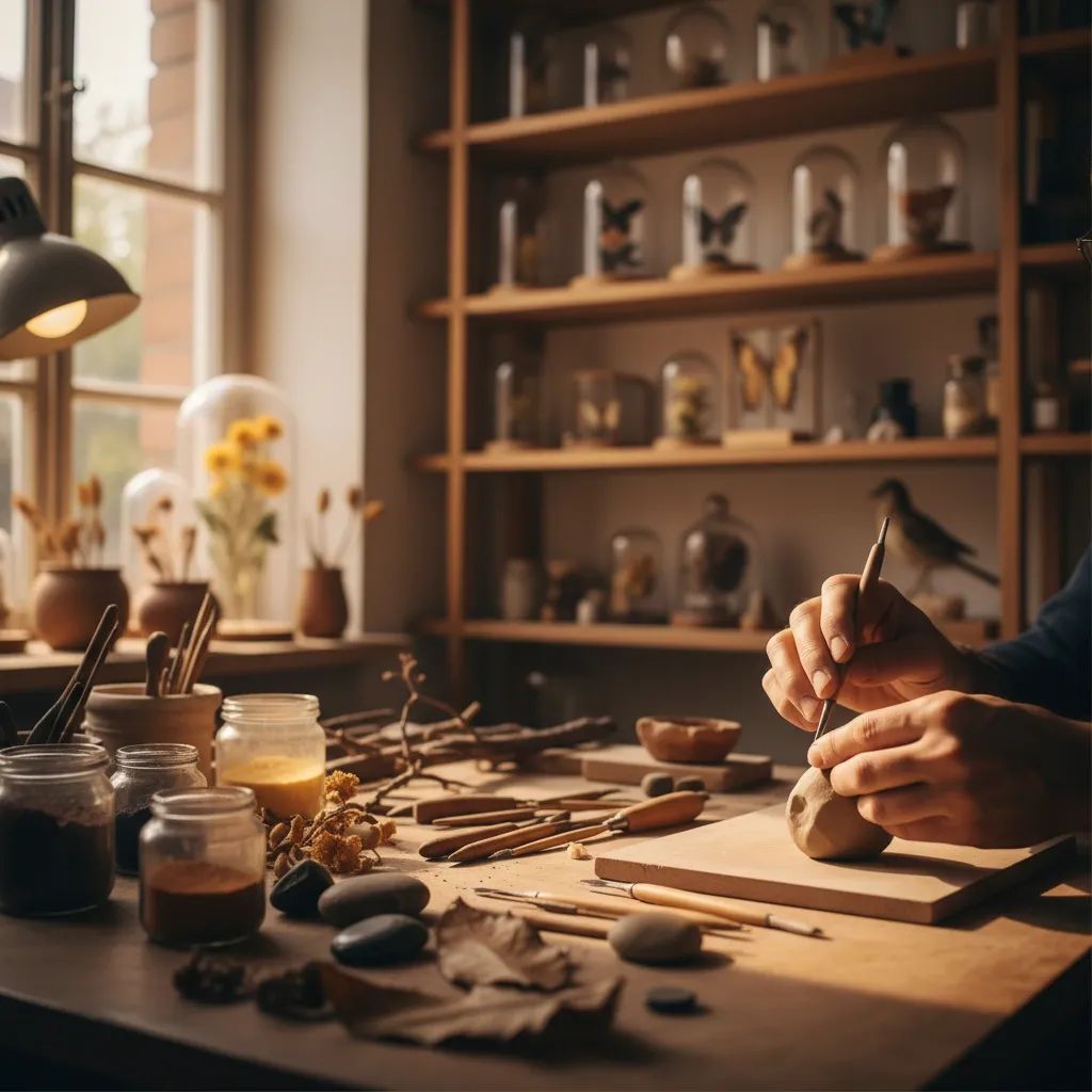 Taxidermist's hands carefully working on a specimen display in a professional heritage workshop setting
