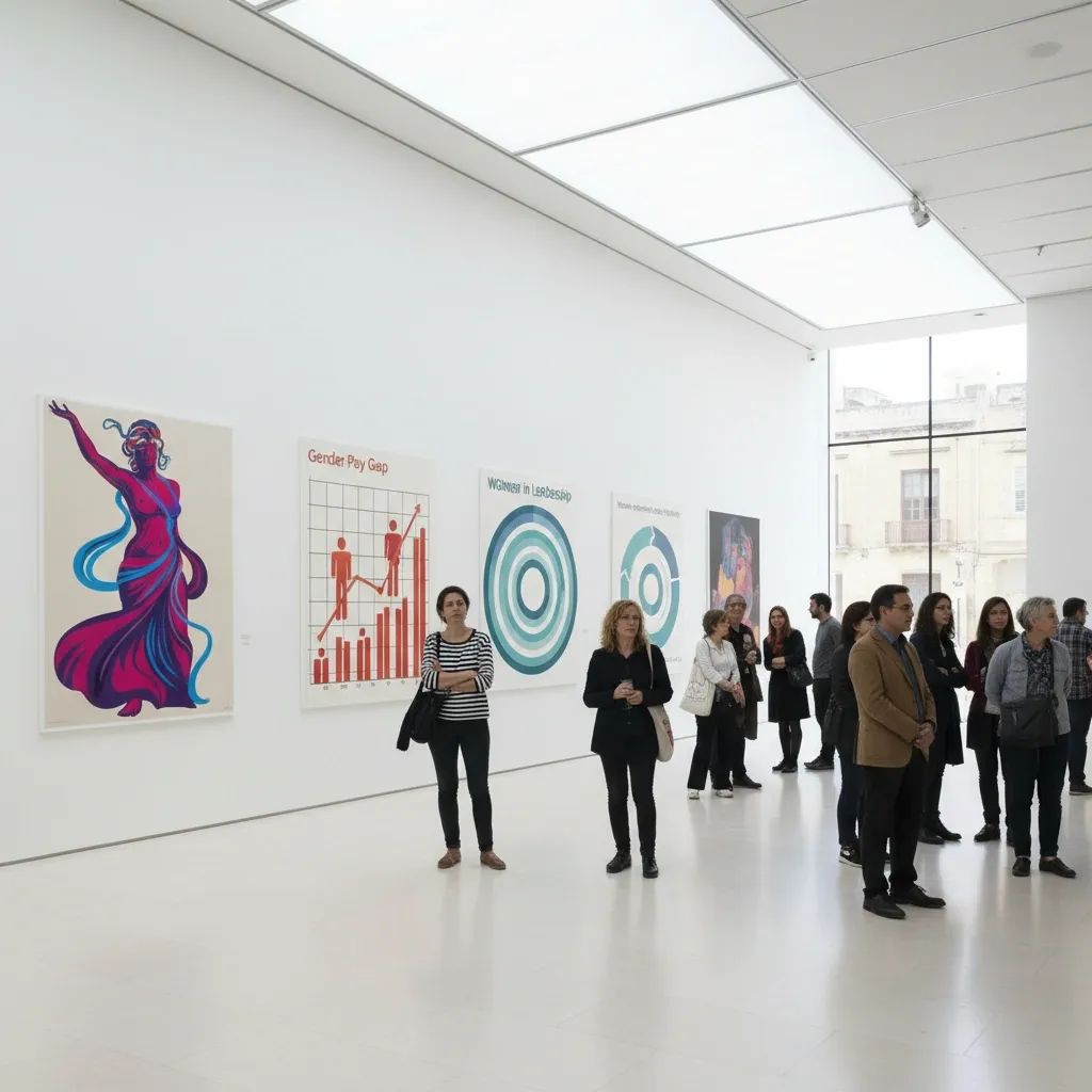 Gallery visitors viewing bold feminist art posters and data visualizations at contemporary art exhibition