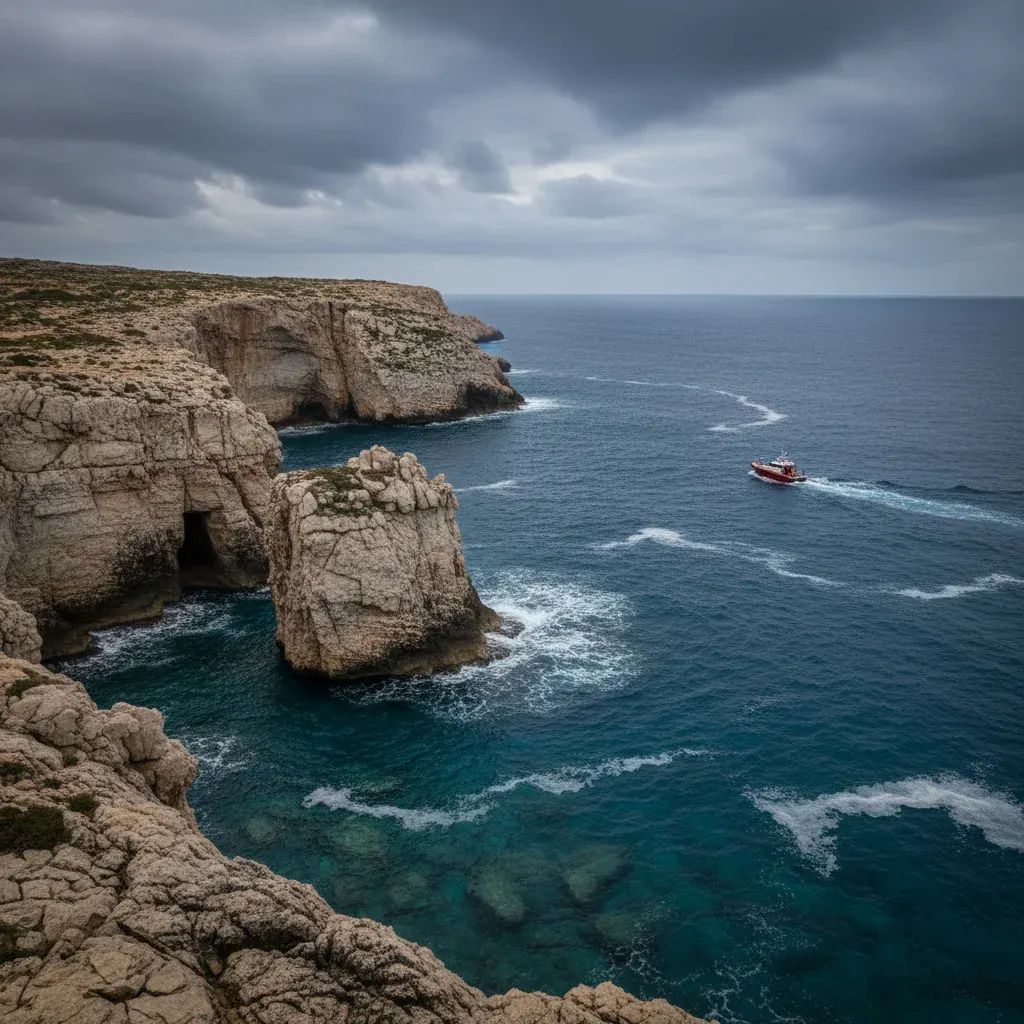 Rocky Delimara coastline with dramatic cliffs and Mediterranean waters, showing hazardous terrain where swimmer rescue occurred