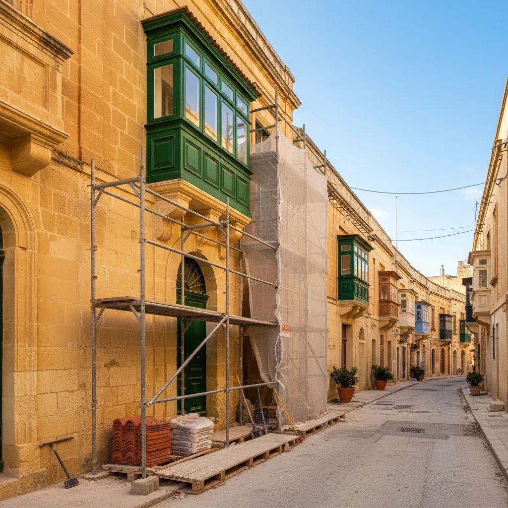 Maltese limestone townhouse with scaffolding during renovation, symbolising €50k social housing grant scheme