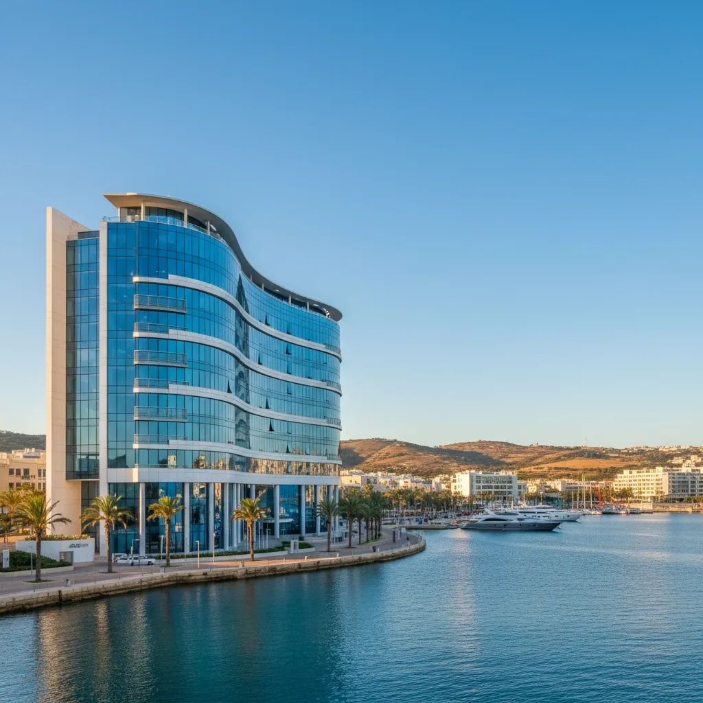 Contemporary office building in Malta's business district with Mediterranean backdrop