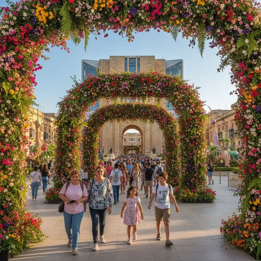 Colorful floral corridor at Valletta's City Gate with families enjoying the green festival installations stretching toward Parliament
