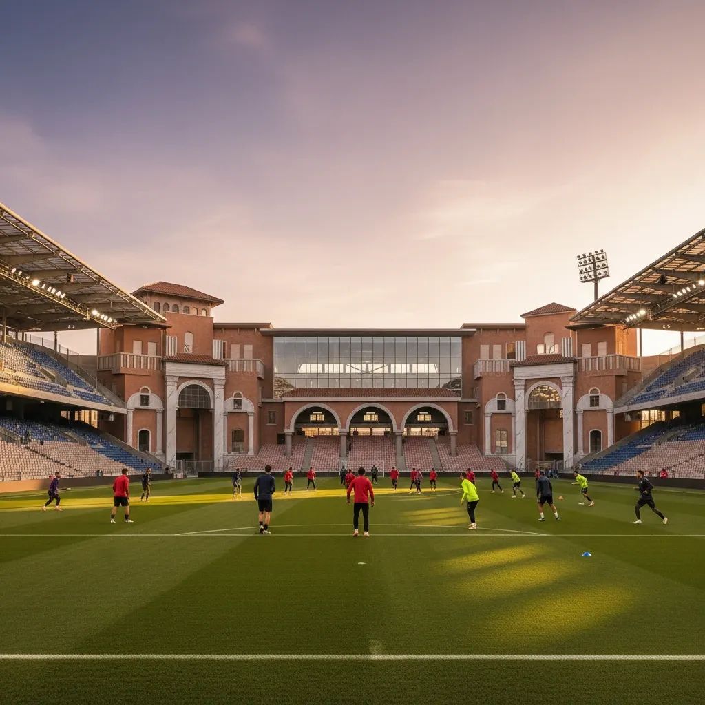 Football players training at stadium with Mediterranean architectural backdrop