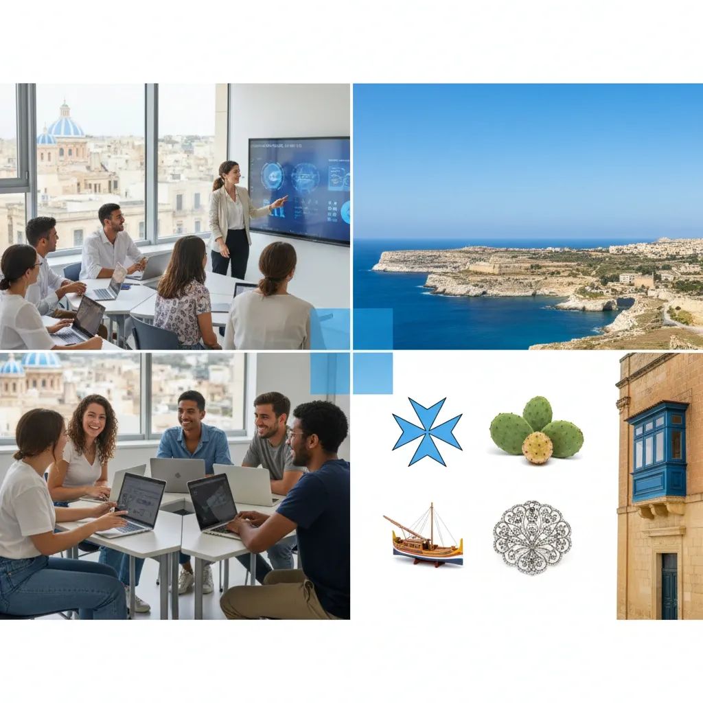 Split composition showing contemporary classroom and Maltese cultural heritage symbols representing language preservation debate